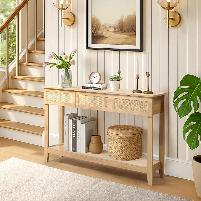 Karl home Console Table, Rattan Entryway Table with Storage Narrow Long, w/3 Drawers & Storage Shelf, Sofa Table Foyer Hallway Behind Couch Table for Living Room, Natural Wood