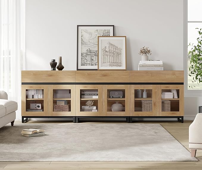 WAMPAT 3 in 1 Multifunctional Sideboard Buffet Cabinets with 6 Glass Doors, Modern Sideboard Credenza, Coffee Bar Storage Cabinet for Living Room, Kitchen, Oak