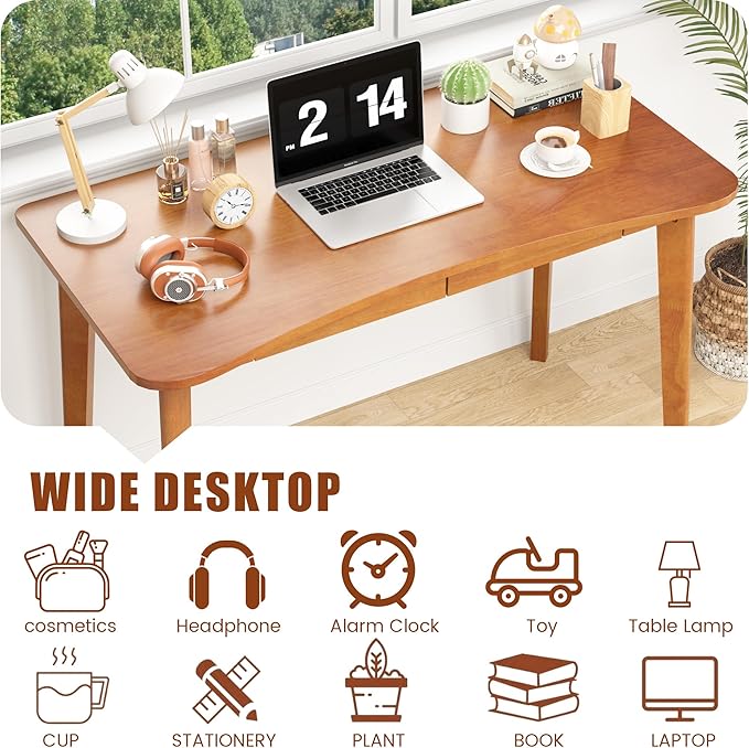 100% Solid Wood Desk with Drawers - 48 x 24 Inch Home Office Computer Desks, Modern Writing Desk with Drawers, Simple Study Table Makeup Vanity - Walnut Vintage Desks