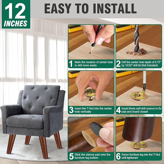 FoDau770 Brown Rubber Wood Furniture Legs 12 Inches, Slant Tapered Wood Feet Mid Century Sofa Legs Set of 4, 5/16" UNC Furniture Feet Replacement Parts for Cabinet Couch Dresser Chair Ottoman Table