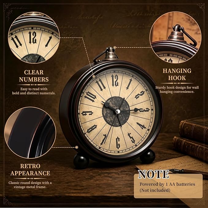 Metal Analog Alarm Clock - 5'' Battery Operated Silent Non-Ticking Quartz Antique Retro Small Desk Clocks for Bedside Bedrooms Living Room Office Home Decor (Black)