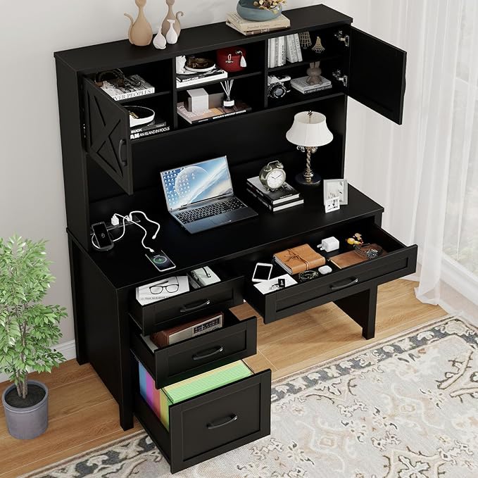 Vabches Farmhouse 67" H Executive Desk with Hutch,Office Desk with 4 Drawers and LED Light, Wood Workstation for Home Office and Study, Computer Desk with File Drawers, Charging Station.Pure Black