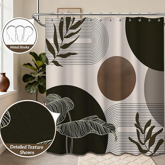 Brown and Beige Shower Curtain Light Brown Tan Taupe Boho Mid Century Modern Shower Curtains for Bathroom Decor MCM Mens Cool Bath Curtain Set, Waterproof Fabric with Hooks 70 x 78 Inch