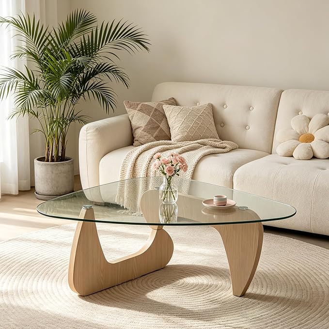 43.3'' Modern Glass Coffee Table with Geometry Base,Triangle Shape Coffee Table for Living Room Office, Natural Oak Finish Wood Base, Mid-Century Style Cocktail Center Table for Small Space