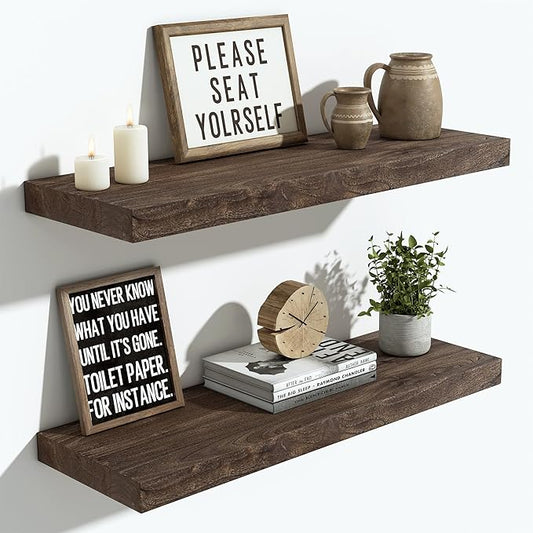 Vivelove Elm Floating Shelves for Wall Solid Wood, 24 Inches Long Rustic Wall Shelf With Invisible Bracket for Living Room Bedroom Bathroom Office Book, Farmhouse Display Shelf, Set of 2 - Dark Walnut