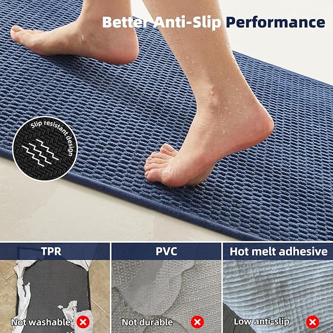 Bathroom Rugs Non Slip Washable, Super Absorbent Thin Bath Mat Quick Dry Low Pile Bathroom Rug, Navy Blue 24"x47"