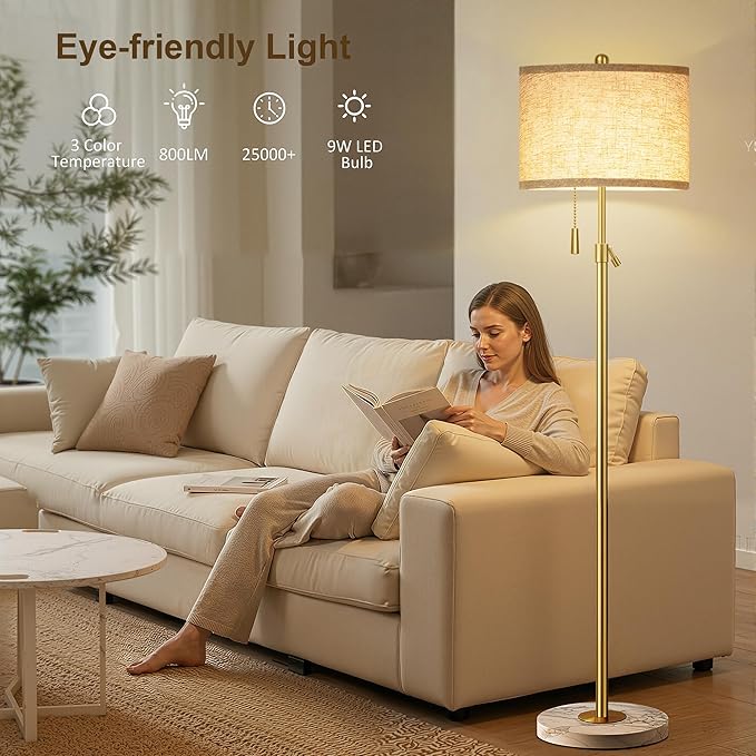 Modern Gold Floor Lamp for Living Room, Floor Lamp with Remote Control, Adjustable Height Standing Lamp with Marble Base & Linen Shade, Dimmable Tall Floor Light for Bedroom, Reading