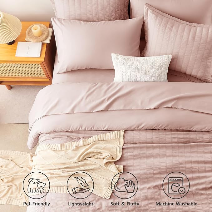 CozyLux Queen Comforter Set Rose Gold, 7 Pieces Seersucker Textured Luxury Bed in a Bag Queen, Dusty Pink All Season Bedding Set with Down Alternative Comforter, Sheets, Pillowcases & Shams, Home Gift
