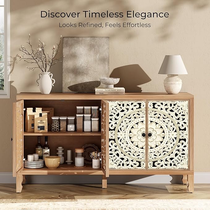 Buffet Cabinet with Storage, Accent Cabinet with 4 Carved Doors, Solid Wood Sideboard with Adjustable Shelf, Vintage Cabinets for Kitchen, Living Room, Entryway, White&Natural
