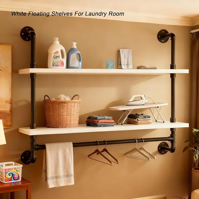 ROGMARS White Floating Wall Shelves Industrial Pipe Shelving 30 Inch Wood Bathroom Shelves with Towel Bar Over Toilet, Rustic Farmhouse Pipe Wall Shelves for Kitchen Living Room (30inch 2 Tier)