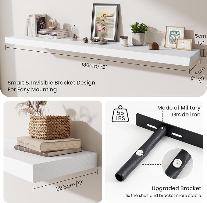 Fun Memories 72 Inch Fireplace Mantel Shelf, 12 Inch Deep Shelves for Display & Wall Storage, Rustic Wood Wall Shelf, Extra Long Floating Shelves for Living Room Laundry Room, White, Set of 1