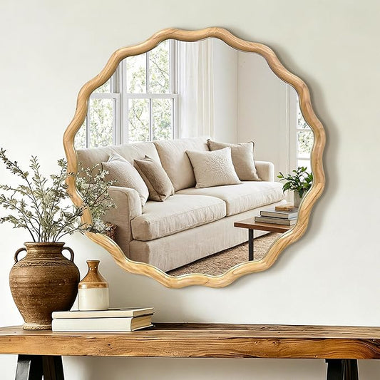 AMOISE Scalloped Round Mirror 28", Boho Wavy Wooden Frame Wall Mirror, Shatterproof Circle Accent Mirror for Bathroom, Bedroom, Entryway and Living Room