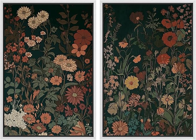 IDEA4WALL Framed Canvas Print Wall Art Set Vintage Wildflower Botanical Dark Green Floral Illustrations Modern Art Decorative Bohemian Calm/Zen for Living Room, Bedroom, Office - 24"x36"x2 White