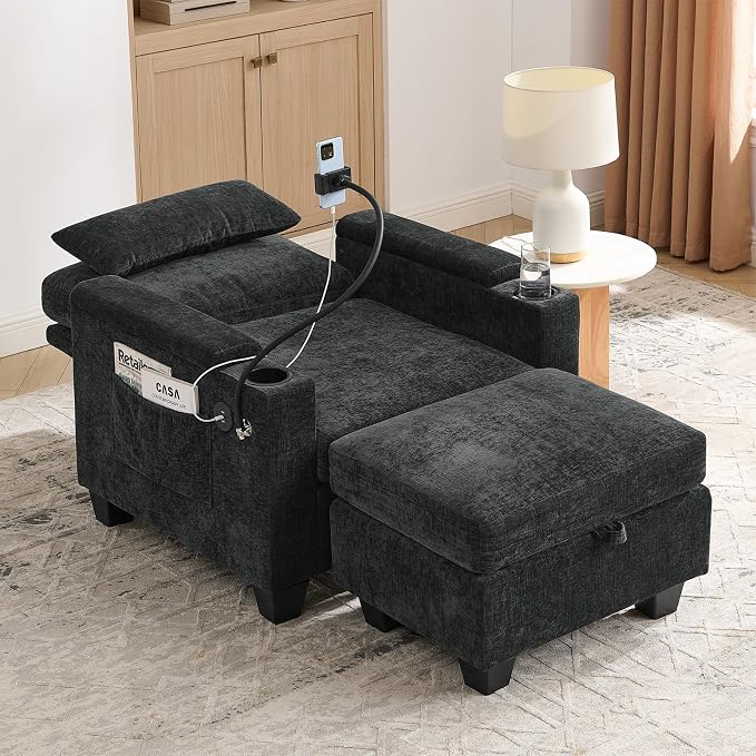 Oversized Chaise Lounge Chair Indoor, Single Convertible Recliner Reading Arm Sofa Chair W/Adjustable Backrest & Charging Port Couch Bed for Living Room, Home Theater & Bedroom, Black