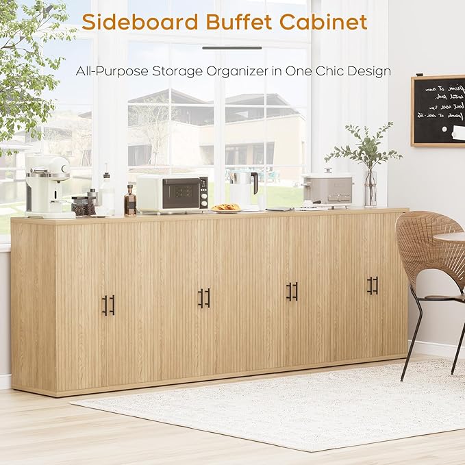 Yechen 94.6" Fluted Sideboard Buffet Cabinet with Storage and 8 Doors, Mordern Credenza Storage Cabinet with Adjustable Shelves, Media Console Table, for Living Room Dinning Kitchen/Oak(2 PCS)