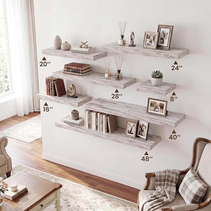 RICHFOCUS 28Inch Floating Shelves for Wall 2 Pack Shelves for Bedroom|Kitchen|Bathroom|Laundry Room Rustic Wood Wall Mounted Shelf with Invisible Brackets for Books|Storage|Decor, Rustic White