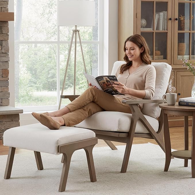 HNY Mid Century Modern Accent Chair with Ottoman, Farmhouse Linen Upholstered Living Room Armchair and Ottoman Set, 23" Seat Wide Retro Leisure Lounge Chair with Wood Frame for Home, Bedroom, White