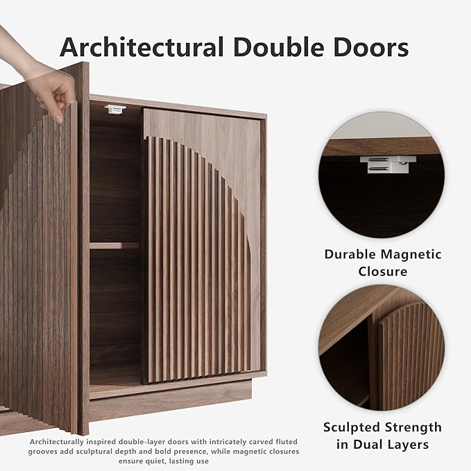 win2win Fluted Sideboard Buffet Cabinet with Storage, 31.5" Mid Century Modern Accent Cabinet with Double-Layered Arch Door, Small Wood Console Credenza for Dining Living Room Entryway, Walnut, 2PCS