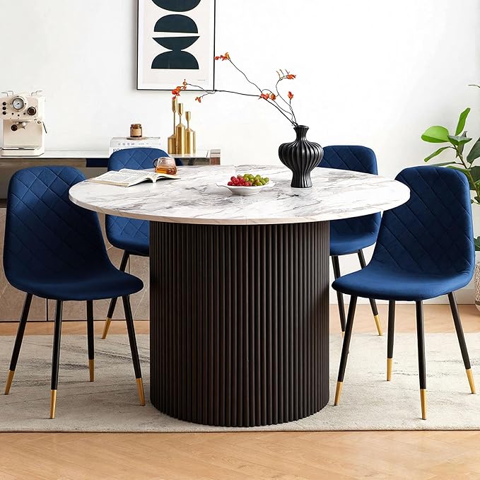 White Round Dining Table Set for 4, Modern Mid Century Wooden Kitchen & Dining Room Table Set, 5 Piece Space Saving (47In Faux Marble Table + 4 Blue Velvet Chairs)