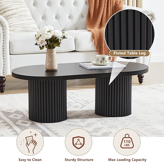 Oval Fluted Coffee Table, Farmhouse Wood Coffee Table Mid Century Modern Center Table Boho Living Room Tables for Living Room Office (Black, 19.69" D x 39.38" W x 13.78" H)