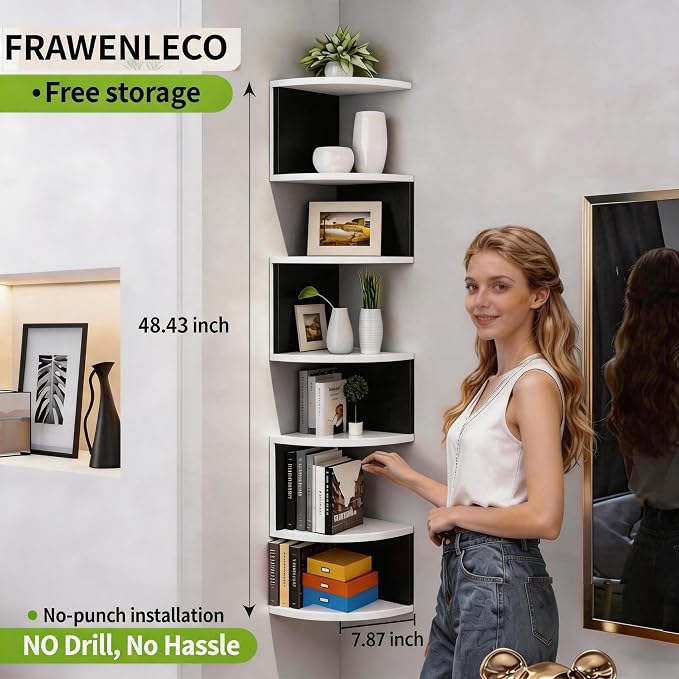 No-Drill Corner Shelf Wall Mount, 7-Tier Floating Corner Bookshelf with Hooks, Space-Saving Zigzag Plant Shelf for Bedroom, Living Room, Bathroom, Home Office(Black & White)