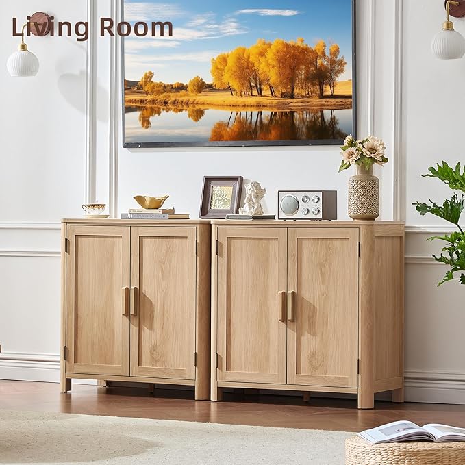 Sideboard Buffet Cabinet with Storage, 31.5" Arc-Shaped Credenza with 2 Doors & Adjustable Shelves, Mid Century Modern Coffee Bar Cabinet for Kitchen, Living Room, Entryway, Natural