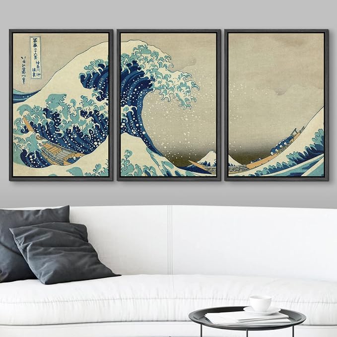 wall26 Framed Canvas Print Wall Art Set The Great Wave Off Kanagawa by Hokusai Cultural Historic Oil Painting Fine Art Reproduction Scenic Colorful for Living Room, Bedroom, Office - 24"x36"x3 Black