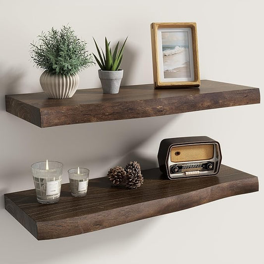 Fun Memories Floating Shelves for Wall Decor Set of 2-24 Inch Solid Elm Wood Live Edge - Rustic Walnut Wall Shelves with Invisible Brackets - for Living Room, Bedroom, Kitchen - Walnut Finish