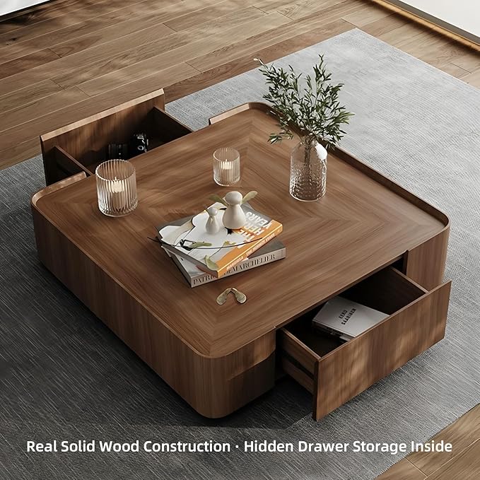 Luxury Wood Coffee Table with Hidden Drawer, Easy Installation Square Center Table for Living Room, Raised Edge Design, Premium Walnut Finish (35.43" Square Coffee Table)