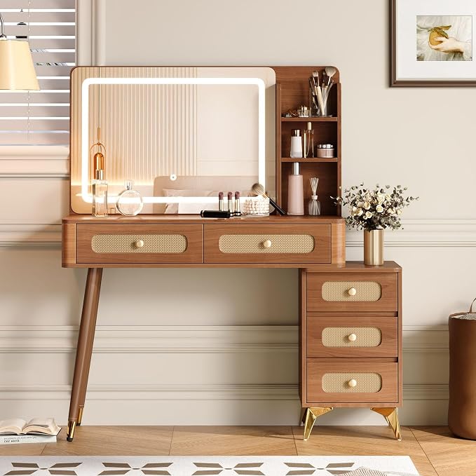 Boho Brown Vanity Desk with Mirror and Lights, Wooden Vanity Desk with Drawers & Shelves, 3 Lighting Modes Makeup Vanitys Tables for Bedroom, Dressing Room, Adjustable Brightness (Walnut)