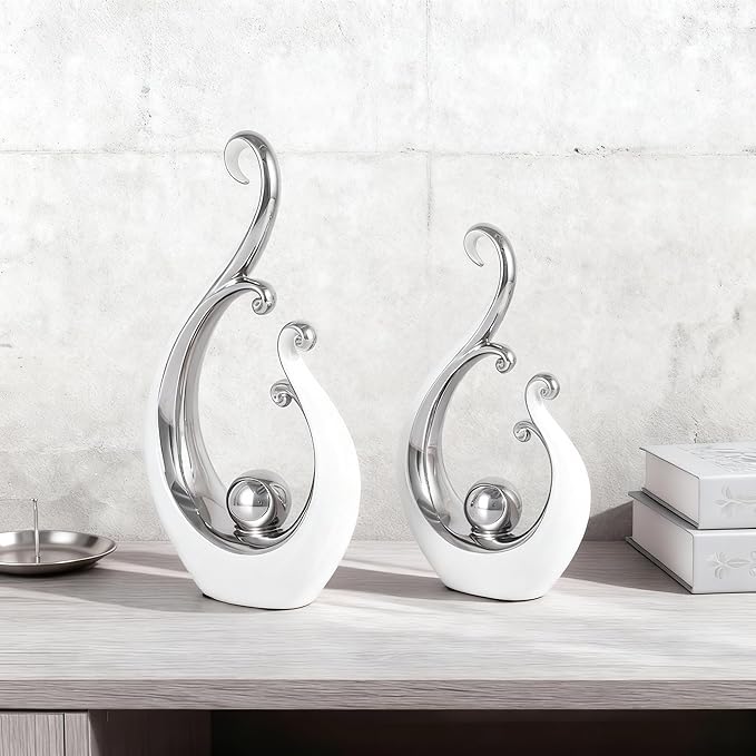 DOVDOV White and Silver Home Decor, Abstract Ceramic 2-Piece Sculpture Set, Modern mid-Century Art Statues, Perfect for Accent Tables, countertops, Coffee Tables, and entryway Decor.