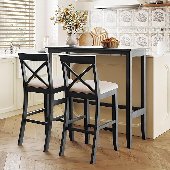 VilroCaz Farmhouse 3-Piece Counter Height Wood Kitchen Dining Sets, Home Bar Pub Kitchen Breakfast Set, 48'' Long Bar Table with 2 Upholstery Chairs for Small Places (Gray-I)