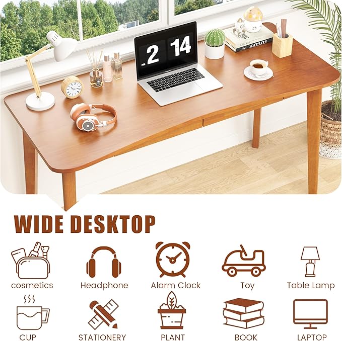 100% Solid Wood Desk with Drawers - 55 x 24 Inch Home Office Computer Desks, Modern Writing Desk with Drawers, Simple Study Table Makeup Vanity - Walnut Vintage Desks