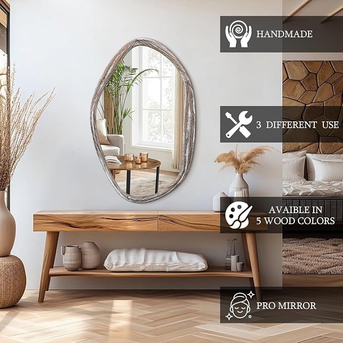 JJUUYOU Asymmetrical Mirrors Large Irregular Bathroom Wall Mirror 28"x20" Large Wooden Frame Modern Mirror Wall Mirror for Makeup Bathroom Living Room,Brown