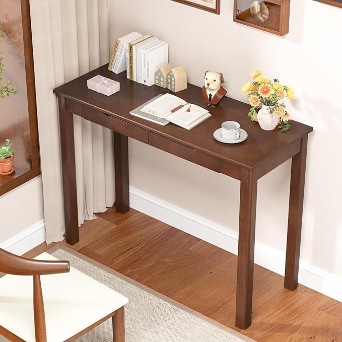 100% Solid Wooden Desk with Drawers - 39 x 16 Inch Mid Century Narrow Desk, Vintage Writing Desks with Drawers, Simple Work Study Table, Small Desks for Small Spaces, Walnut Color
