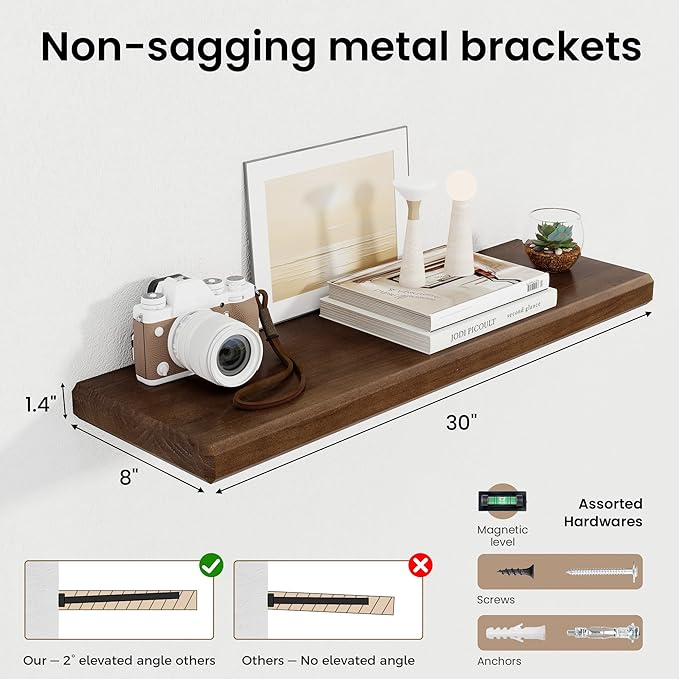 Axeman 30Inch Natural Wood Floating Shelves for Wall|Rustic Wooden Shelves for Bedroom Kitchen Bathroom|Storage Shelf with Invisible Bracket for Wall Mounted|Set of 1|Walnut Color