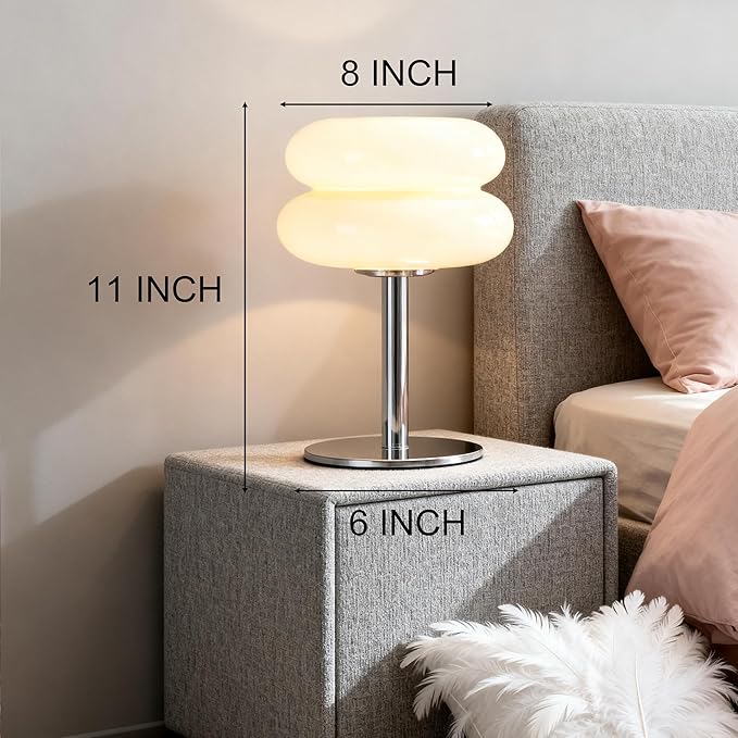 Fandian Beige Table Lamp for Bedroom, Mid Century Modern Lamp for Nightstand, 3 Color Change Egg Tart Bedside Small Lamps, Unique Home Mushroom Cute Desk Lamps