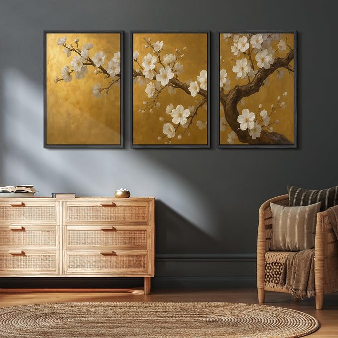 wall26 Framed Canvas Print Wall Art Set Golden Cherry Blossom Tree Elegant Floral Illustrations Fine Art Decorative Rustic for Living Room, Bedroom, Office - 16"x24"x3 Black