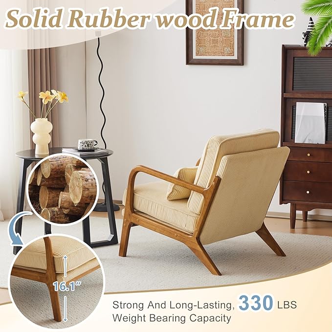 VINGLI Upgraded Premium Corduroy Accent Chairs Set of 2,Upholstered Arm Chair,Solid Wood Comfy Reading Chair with Lumbar Pillow, Mid Century Modern Chairs for Living Room,Bedroom,Dark Beige