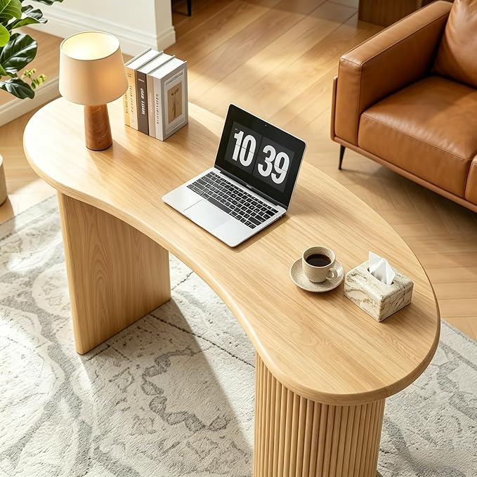 LEVNARY 54.3" Curved Small Computer Desk, Wooden Executive Desk with Sturdy Fluted Legs, Modern Luxury Corner Single Writing Vanity Desk for Bedroom Living Room Home Office (Natural)