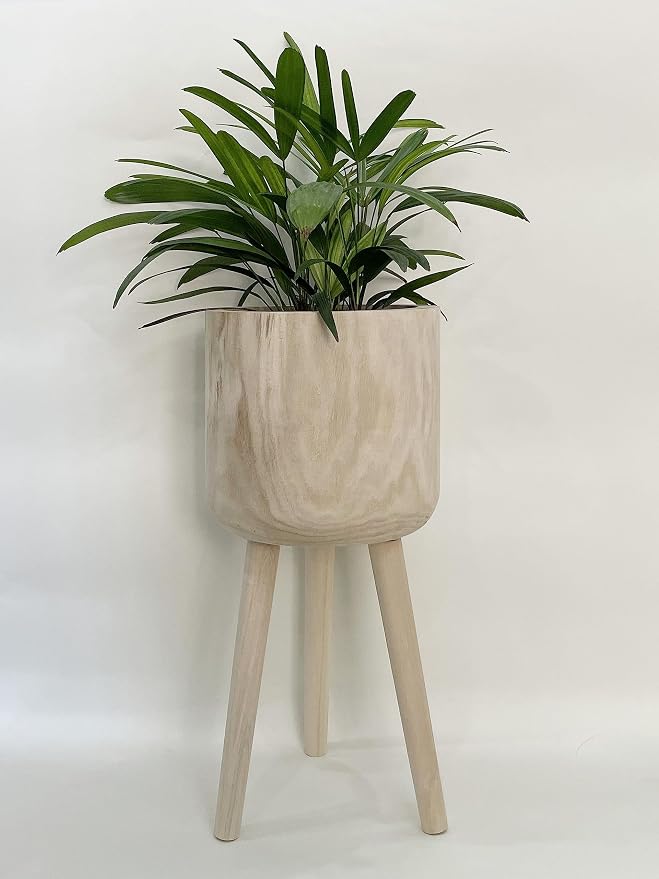 RISEON Handmade Mid Century Modern Wood Planter, Rustic Indoor Flower Pot Plant Stand,Large Floor Planter (Large)