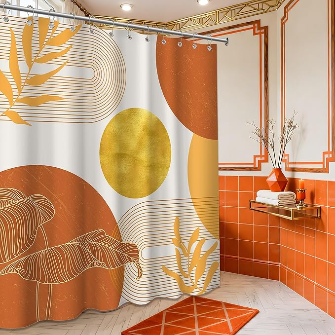 Orange and Gold Shower Curtain Burnt Orange White Shower Curtains for Bathroom Decor Boho Mid Century Bath Curtain Set, Waterproof Fabric with Hooks 70 x 84Inch