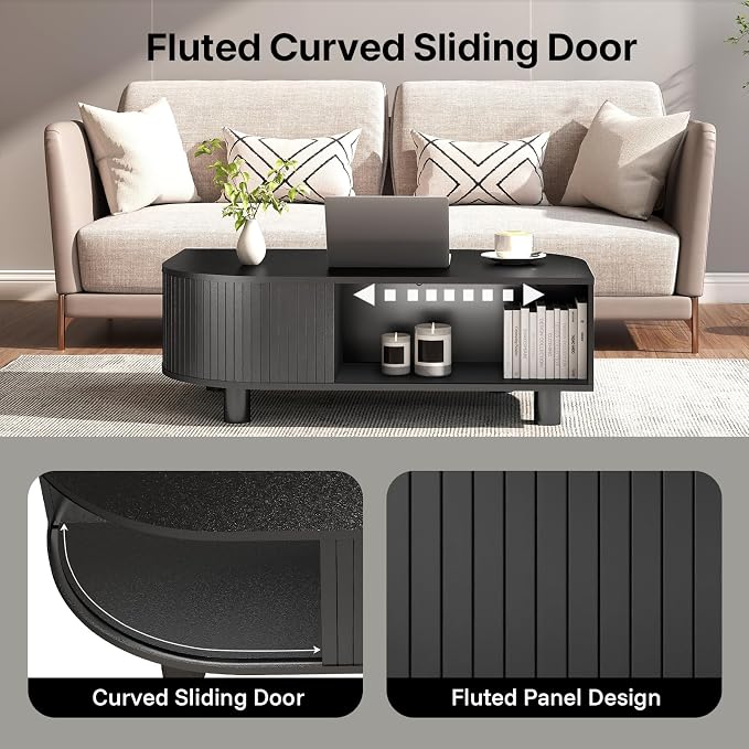 Modern 39.4" Coffee Table with Storage- Leaf-Shaped Wood Center Table with Storage, Retro Fluted Central Table with Sliding Door for Living Room, Office, Black