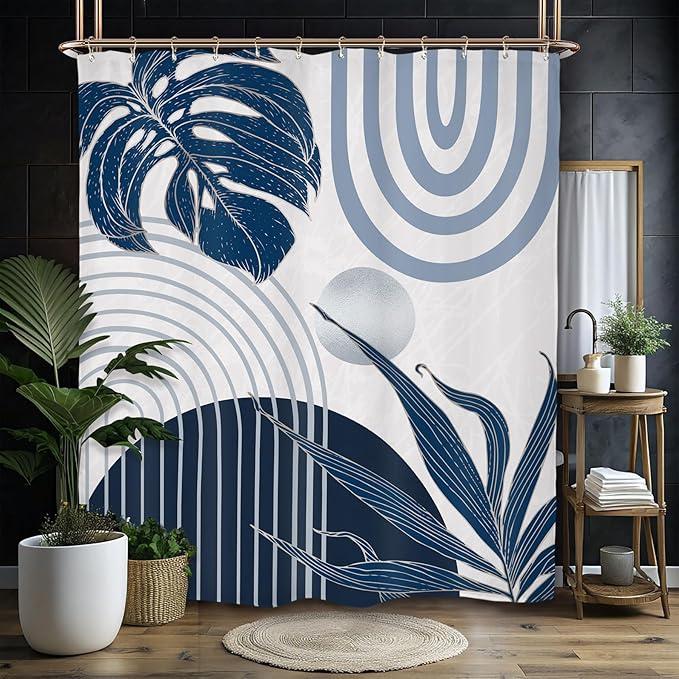 Miyotaa Abstract Blue Minimalist Shower Curtain Set 60Wx71H Inches Modern Aesthetic Mid Century Leaves Contemporary Neutral Plant Waterproof Bathroom Curtain with 12 Hooks