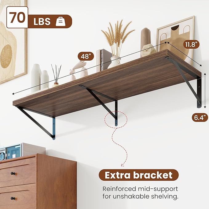Deep Wall Shelves 48"W x 12"D Engineered Wood Floating Shelves for Wall, Sturdy Metal Bracket Bookshelves Home Decor Storage for Living Room Bedroom Bathroom Kitchen, Set of 2, Walnut Finish