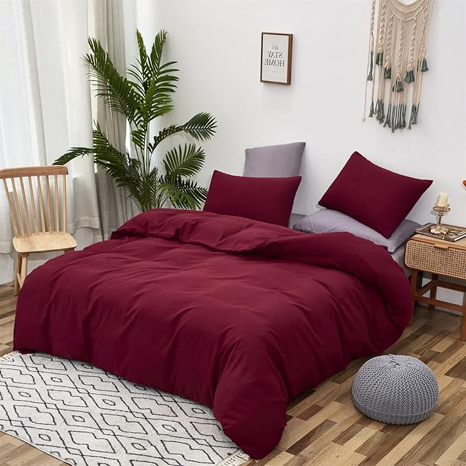 Pureant Burgundy Comforter Sets Queen Size Wine Red Bedding Comforters Solid Dark Color Quilts Cotton Women Girls Luxurious Plain Claret Red Comforter Soft Crimson Bedding Noble Bordeaux Bed