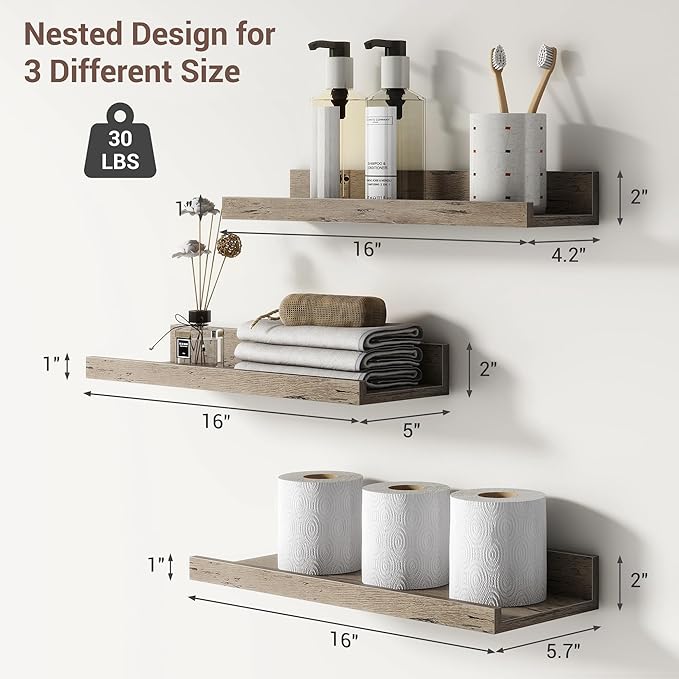 Axeman Picture Ledge Shelf | 16 Inch Grey Floating Shelves Set of 3 | Rustic Grey Wood Wall Shelves with Lip | 16" Picture Shelf for Wall with Ledge | Photo Shelves