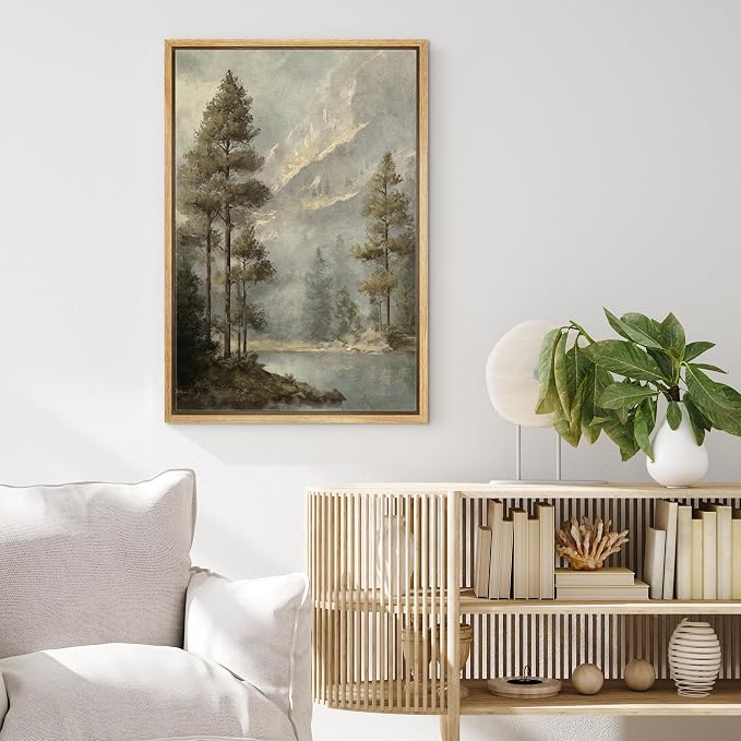 MUDECOR Framed Canvas Print Wall Art Pine Forest and Mountain View Classic Nature Landscape Illustrations Minimalism Decorative Bohemian Zen for Living Room, Bedroom, Office - 24"x36" NATURAL