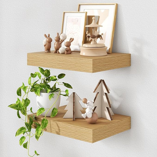 12 Inch Deep Floating Shelves | 16 Inch Oak Floating Shelves Set of 2 | 16W x 12D Rustic Shelves for Wall | Deep Wood Shelves for Living Room Bathroom Kitchen Bedroom