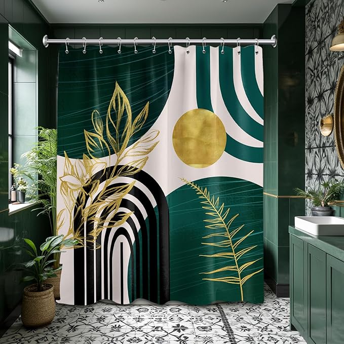 Dark Green Shower Curtain Boho Mid Century Modern Emerald Hunter Green and Gold Shower Curtains for Bathroom Decor, Waterproof Cloth Fabric with Hooks, 70" W x 78" L